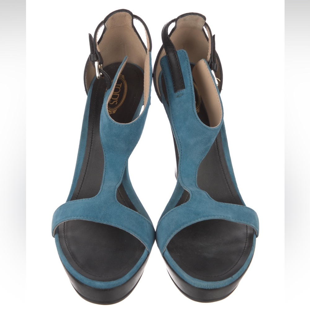 Tod's Sand Plat Gooma T105 Fasce Suede & Leather T-Strap Platform Sandal Heels - Picture 3 of 14